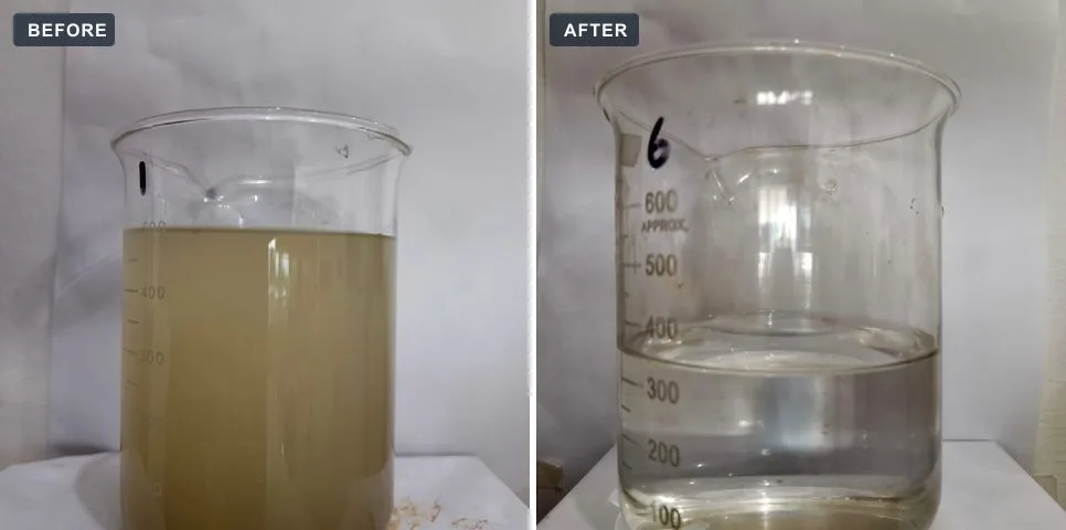 Metal surface-treatment chemicals plant: wastewater sample before and after treatment